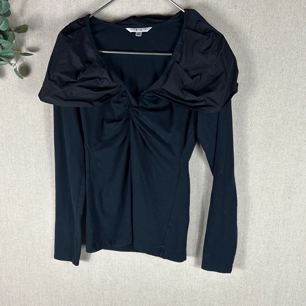 Cabi > Black Mixed Media Memory Top Oversized Collar Blouse Medium - Picture 6 of 9